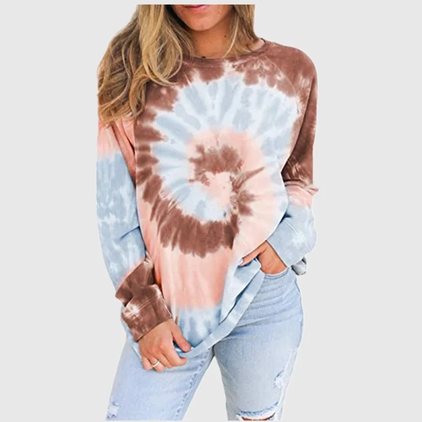 

Women Tie Dye tee shirt clothes autumn winter basic Long Sleeve Tops Round Neck T-Shirt Casual Loose fashion t-shirt, Brown