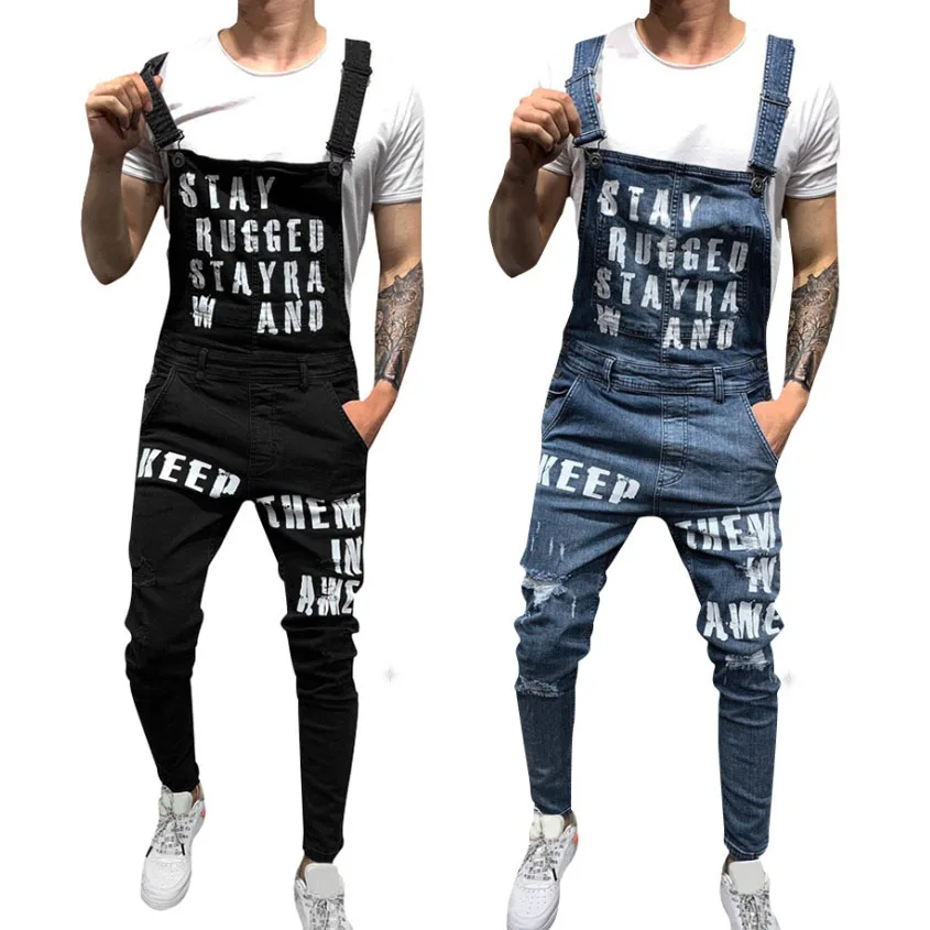 

OEM Street Fashion Letter Print Ripped Slim Denim Bib Overalls Jeans