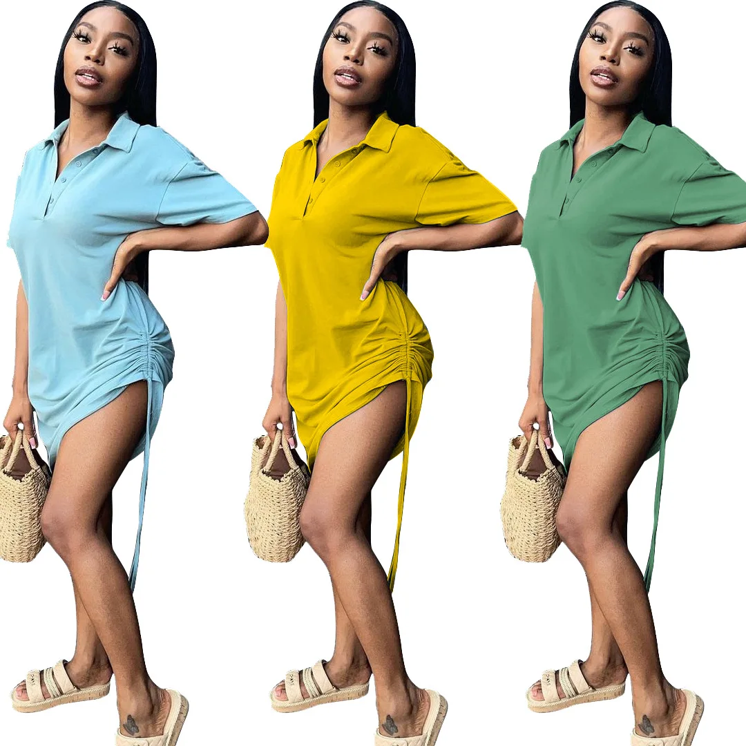 

2021 Solid Color Home Wear Women Streetwear Clothing Polo T Shirt Dress Women, Yellow / green /light blue