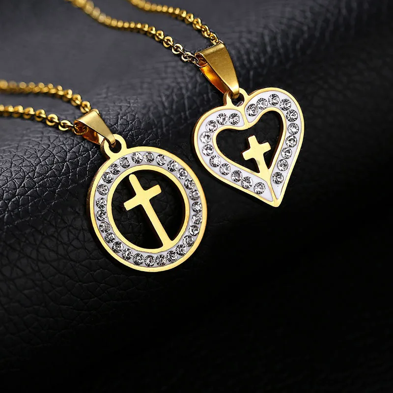 

New Arrival Vintage Micro Inlay Diamond Heart Cross Necklace Stainless Steel Cross Heart Pendant Necklace Female Gift Jewelry, As the picture