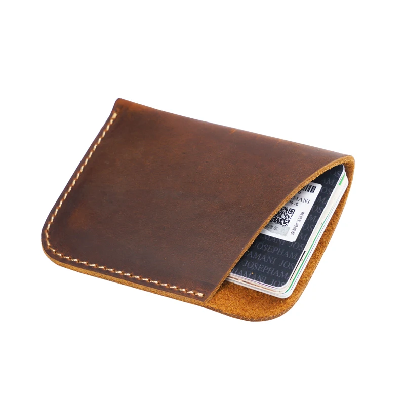 

Wholesale Custom genuine Leather Card Holder Wallet Crazy Horse Leather Handmade Mini Coin Purse Hand Stitch Credit Card Sleeve