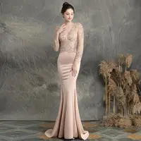 

High end ladies sexy v neck see though winter long sleeve embroidery mermaid maxi long evening party gowns for women elegant