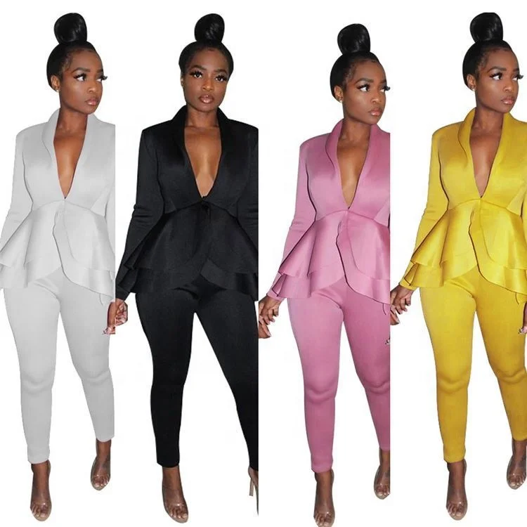 

New Style Autumn Casual Fashion Solid Color Deep V Woman Long Sleeve Two Piece Set