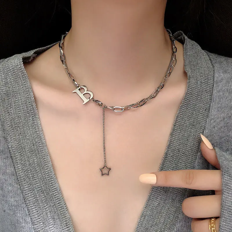 

Popular Titanium steel INS necklace women Amazon colorless collarbone chain pendant hip-punk pendant web celebrity sweat chain, Natural color