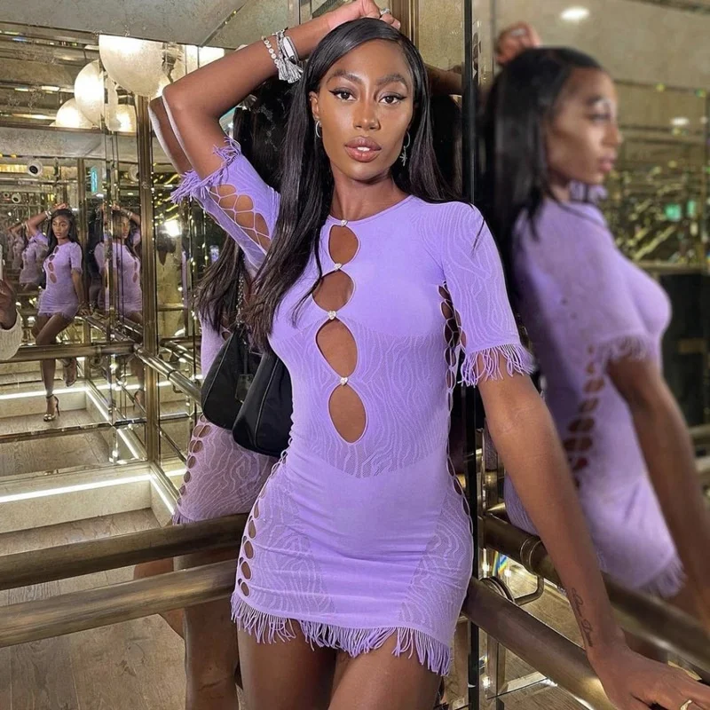 

New Buttons Tassel Hem Lace Dresses Bandage Bodycon Mesh Dress Women Party Night Club Sexy Hollow Out Dress, Green