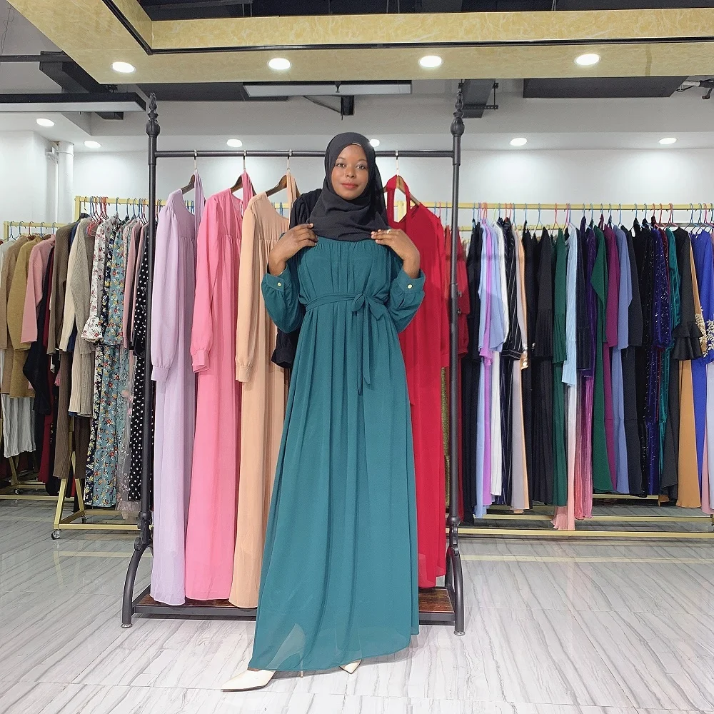 

Modest Muslim dress for women 2020 new solid chiffon long sleeve dress Arabic Turkey Muslim clothes, Red, khaki, black, green, pink, gray