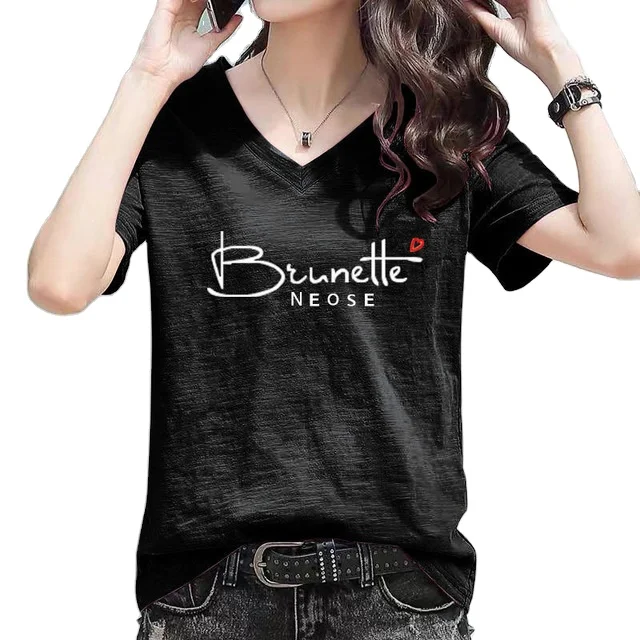 

Wholesale price short sleeve t-shirt good quality summer v-neck t-shirt for women 100% cotton fashion women's t-shirt, As picture