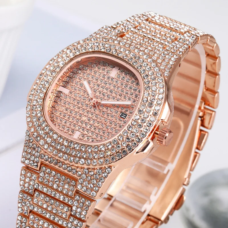 

Wholesale Shiny Full Crystal Rhinestone Quartz Watch Wrist Brand Stainless Steel Diamond Slim Iced Out Quartz Watches