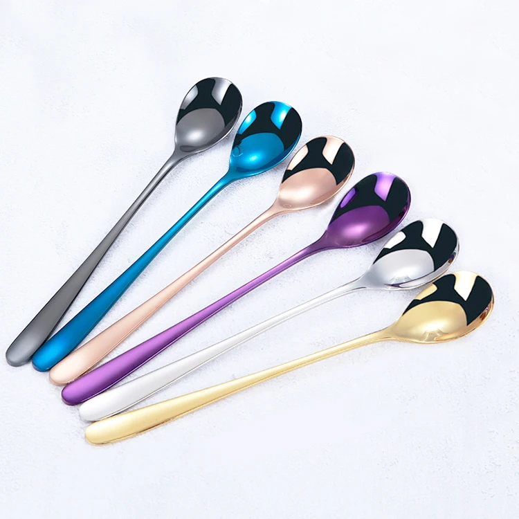 

Korean long handle cocktail stirring spoon set custom colored stainless steel honey spoon ice tea metal spoon, Silver , gold , rose gold , black , rainbow