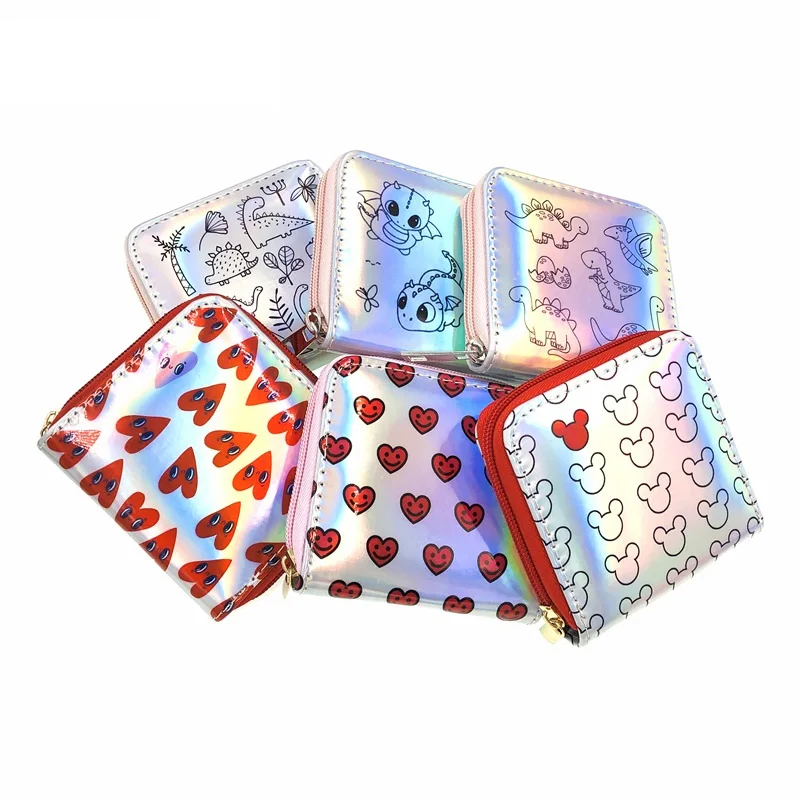 

Hot selling bright laser heart PU wallet student ladies purse wallet women PU leather wallets factory spot