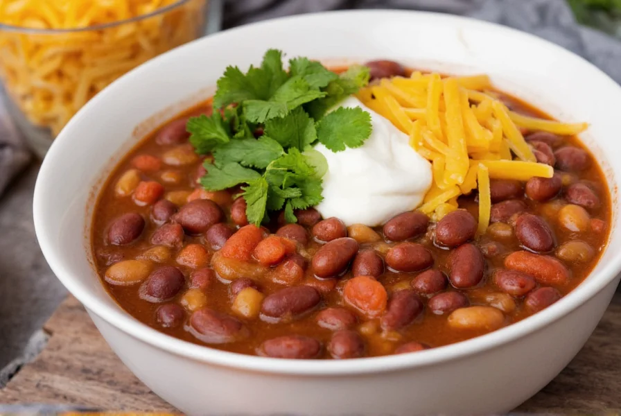 Finished bowl of bean chili with toppings including sour cream, cilantro, and shredded cheese