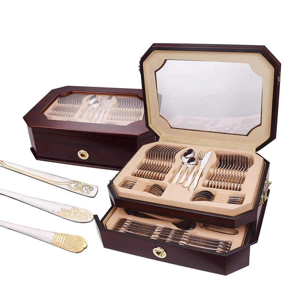 

72pcs conjunto de talheres flatware 72 pieces stainless steel gold plated luxury cutlery set with wooden case, Sliver+gold plated
