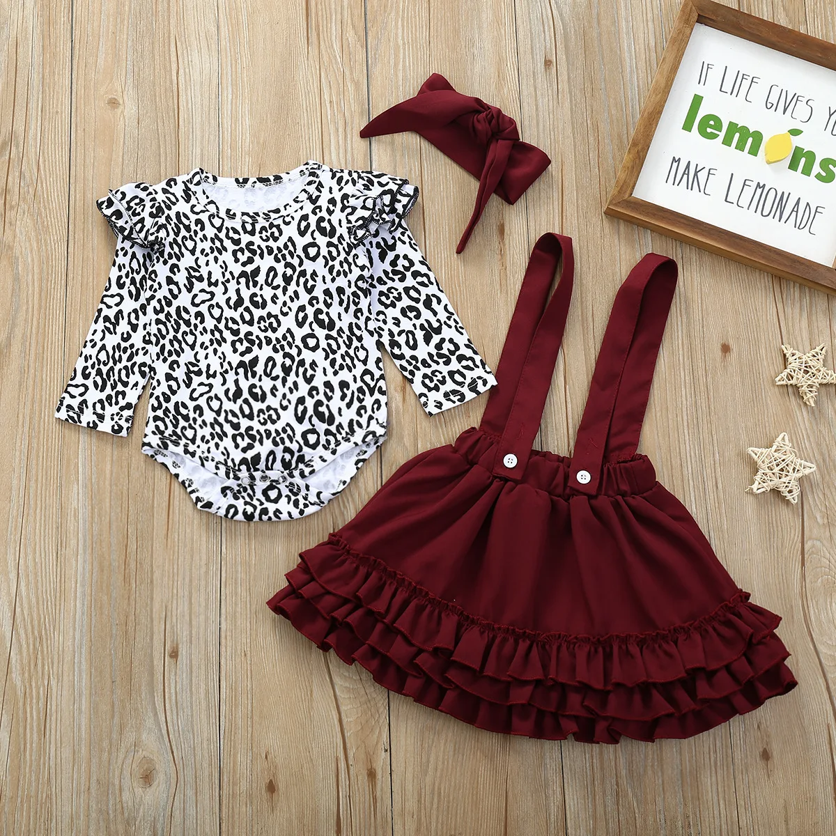 

wholesale baby girl clothes little girl Spring and Autumn Leopard Print Romper Strap Lace Skirt Three-piece Set