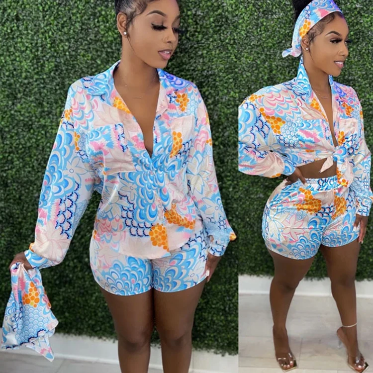 

Summer New Arrivals 2 Piece Outfits Floral Printed Long Sleeve Lady Top And Pants Suit Womens Two Pieces Blouse Shorts Set, Red,blue,khaki