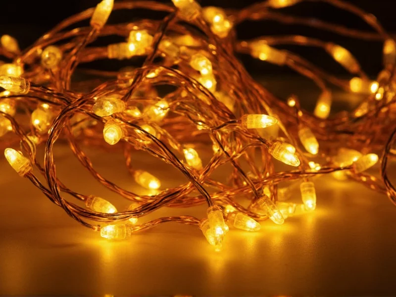Close-up of copper wire wrapped around LED lights on craft table