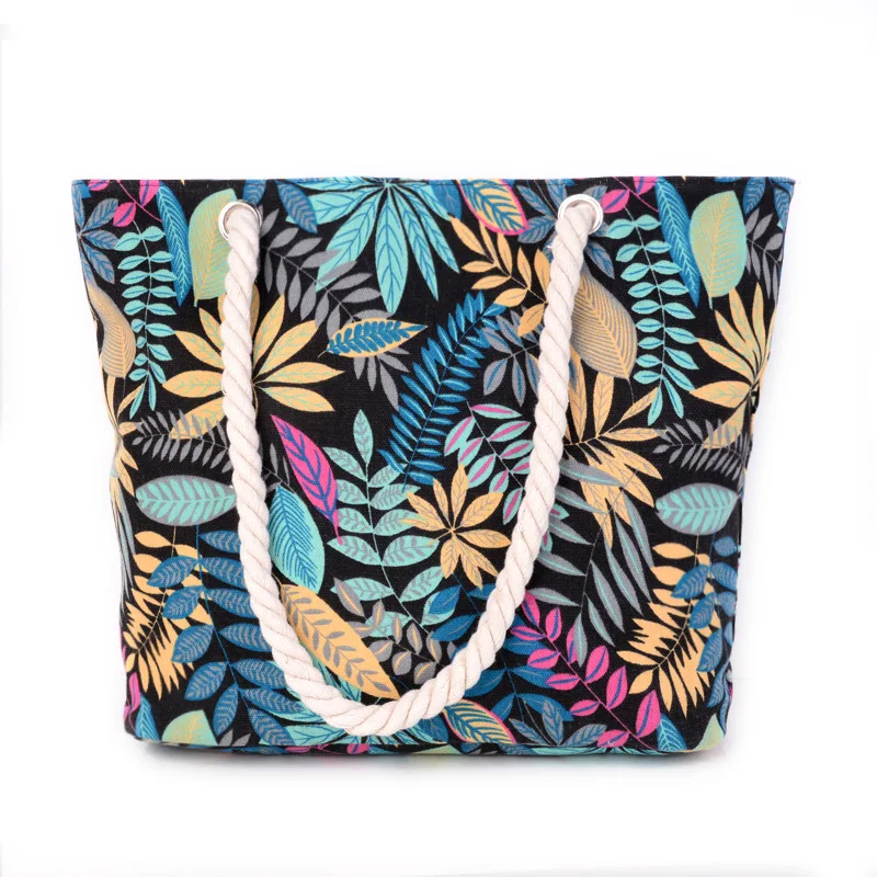 

Wholesale Women Summer Canvas Tote Bag Ladies Floral Print Canvas Tote Large Straw Beach Bag, Multi color