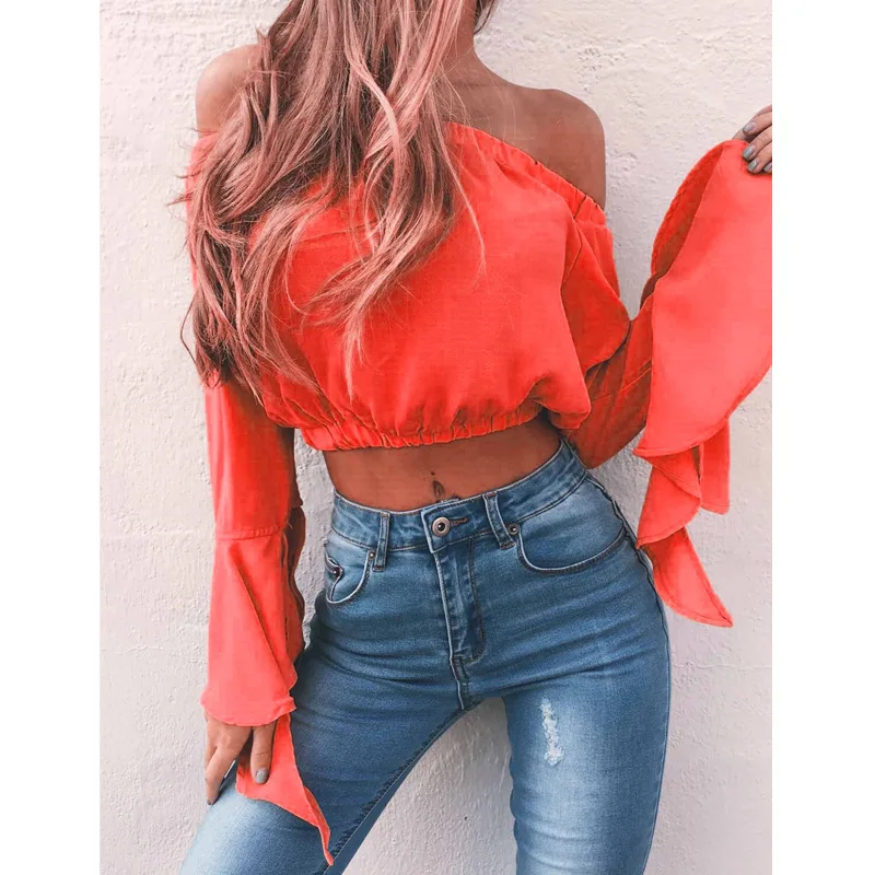 

WW-0854 Dew Shoulder Strapless Ruffled Cuff Sexy Jacket That Show Hilum With Shirt Girls Ruffle Offshoulder Blouse Top, Customized color