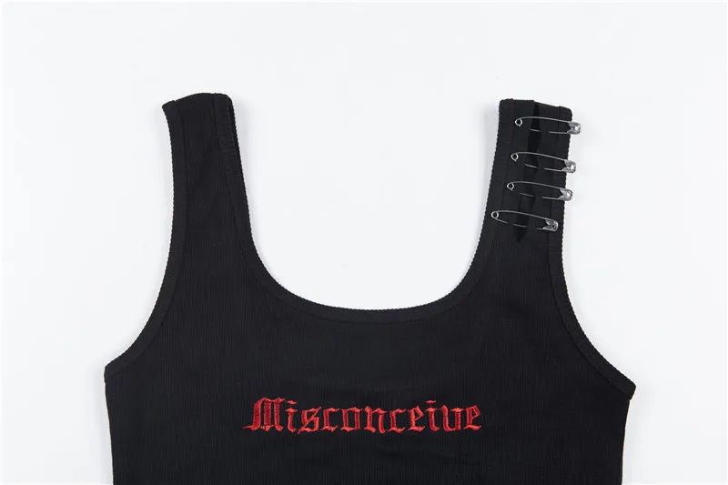 2020 Dropshipping Pin Embroidery Letter Black Crop Summer  Sexy Tops for Women Clubwear Gothic Punk Ripped Tank Tops7