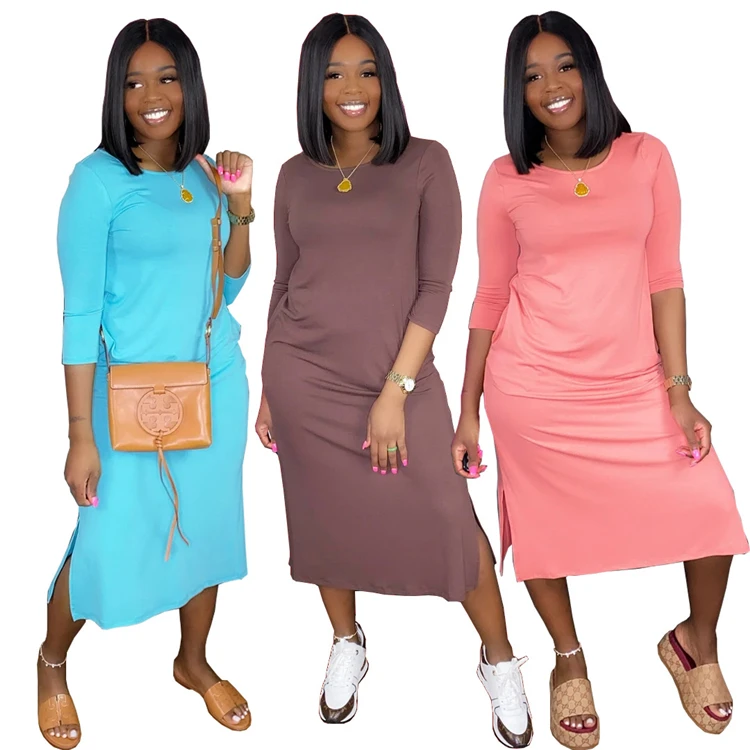 

L06959 Y5207-spring 2021 long sleeve solid color casual dresses women midi dress Casual Dresses