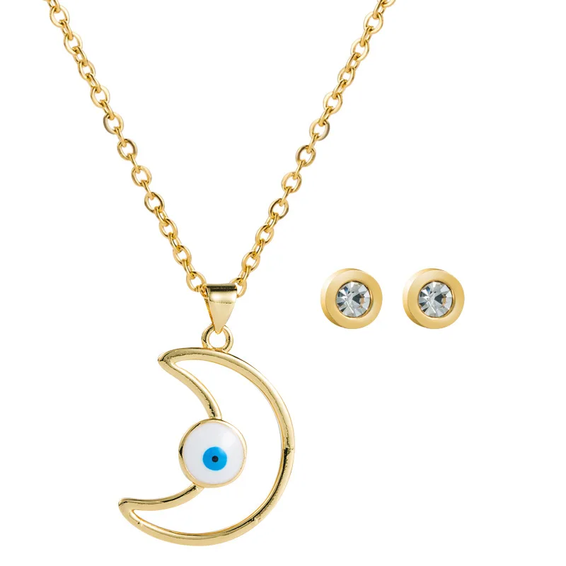 

Exquisite Evil Eyes Moon Necklace Set CZ Blue Eyes Earrings Necklace Set For Women
