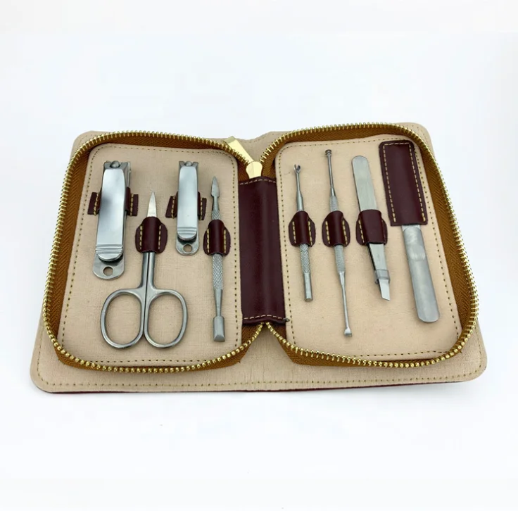 

High quality private label men manicure pedicure nail care tools set with scissor tweezer nail clipper in thick leather bag, As pic