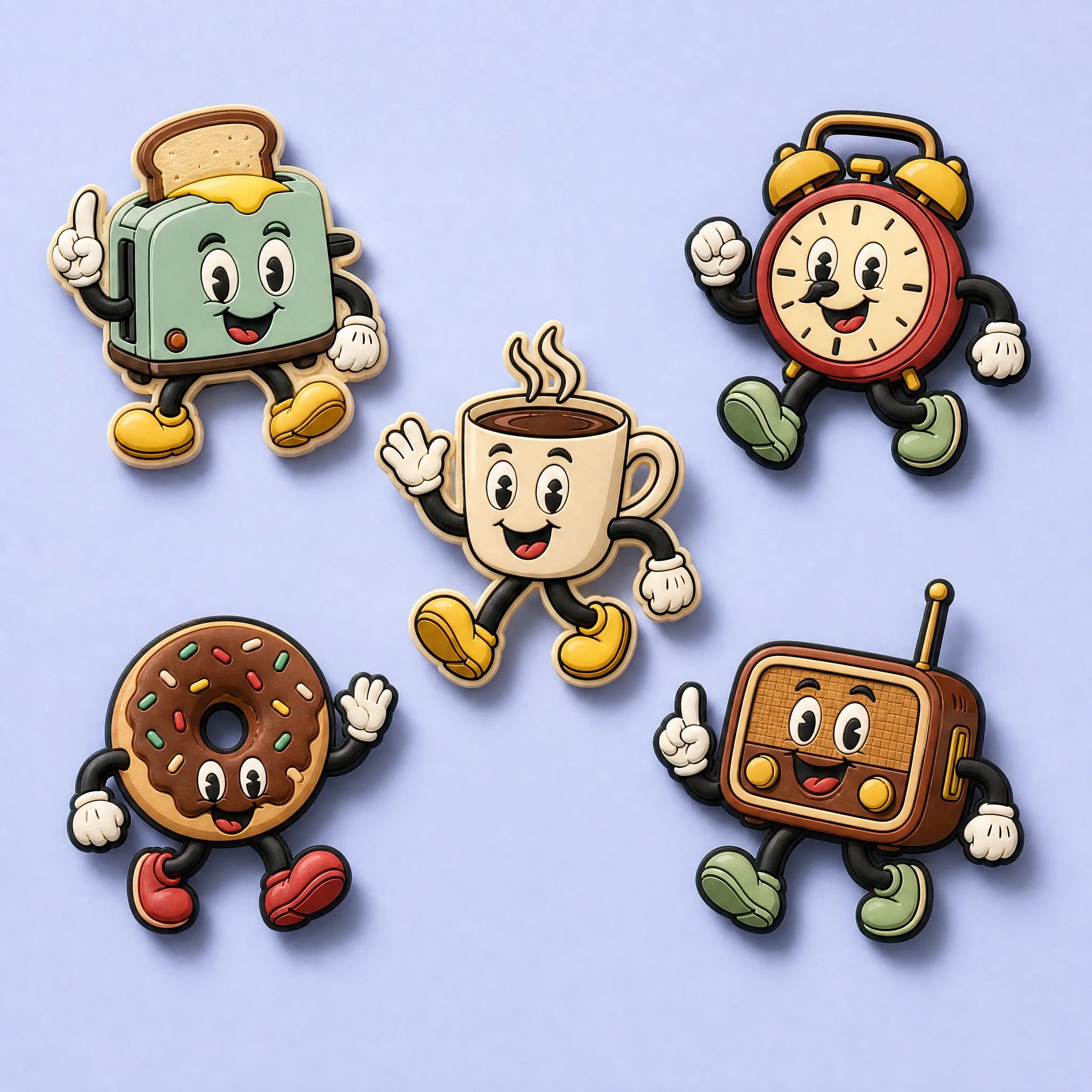 5-Piece Vintage Retro Breakfast Series PVC Magnets: Toaster, Alarm Clock, Coffee Cup, Donut, Radio