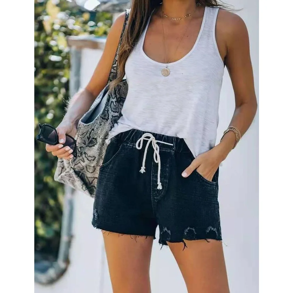 

Summer 2021 street style casual straight pants elastic jean shorts for women, 3colors