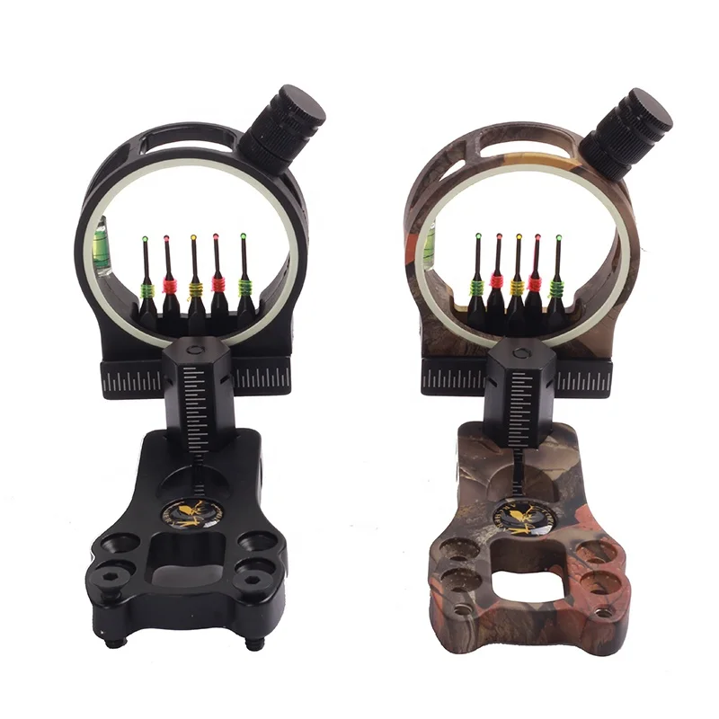 

Fully Assembled CNC Machined Archery Hunting Target 5 Pin Fiber Bow Sight with Light with 0.029 Fiber Slingshot Tool, Black / camo