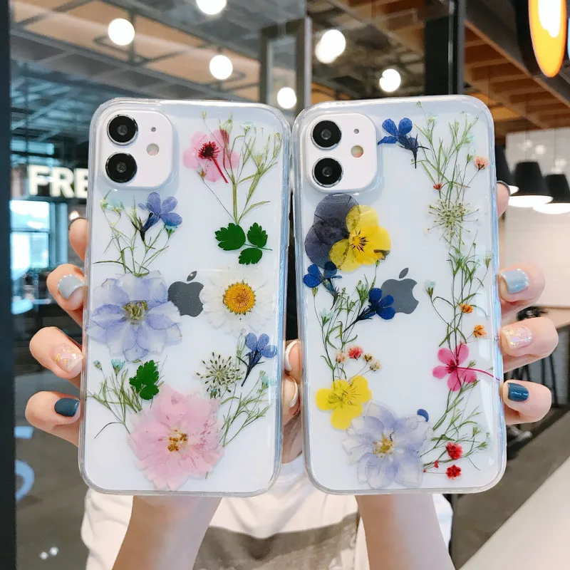 

high quality clear acrylic beautiful unique creative dried flowers custom design pressed flower pattern phone case for iphone 11