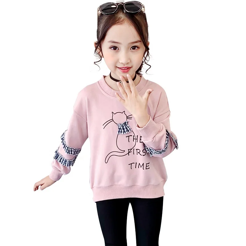 

Cute lace fashion round neck long sleeve T-shirt Lace sleeve pullover sweater