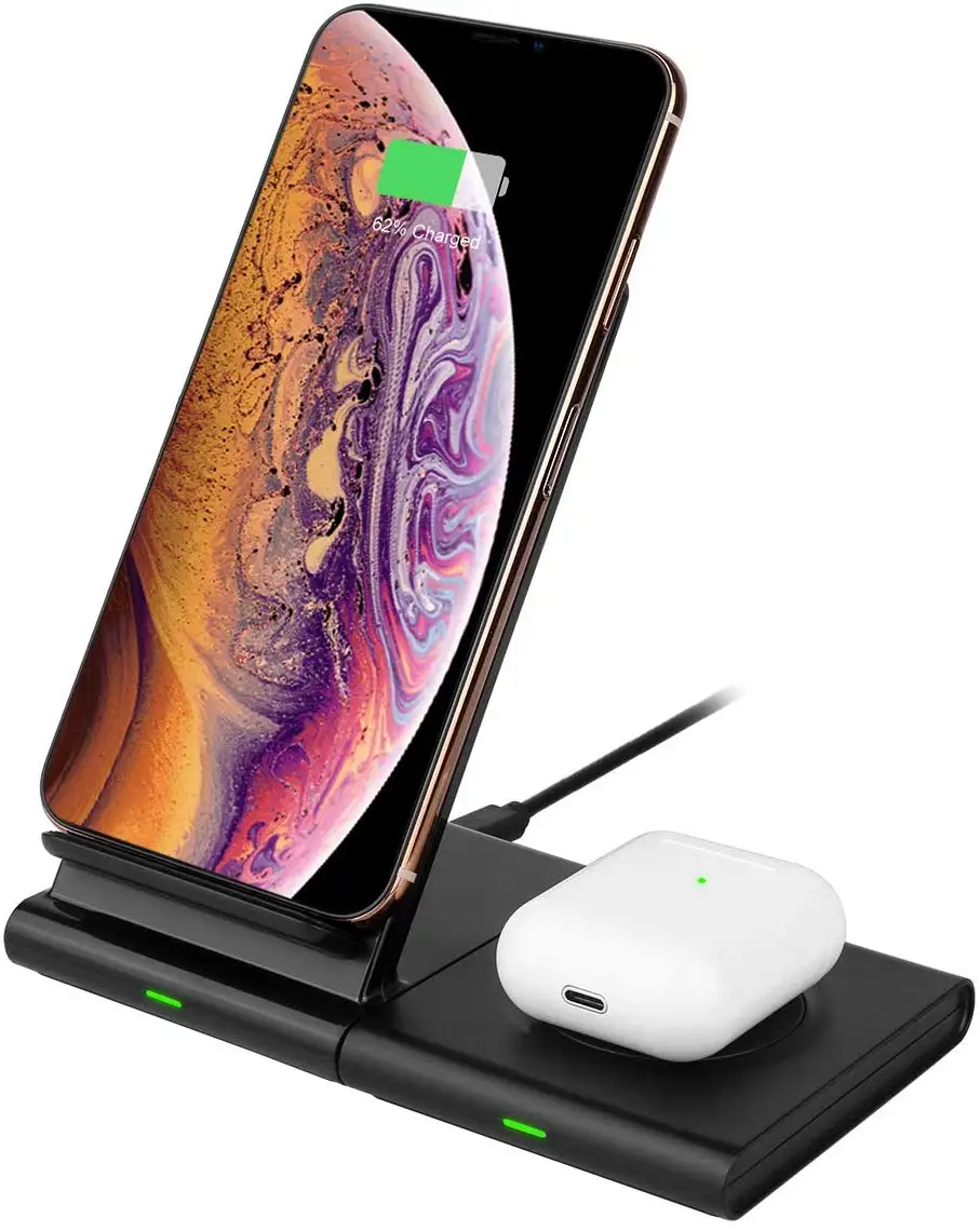

Long distance OEM 2 in 1 power bank 10w Qi wireless fast charger stand for mobile phone, Black silver