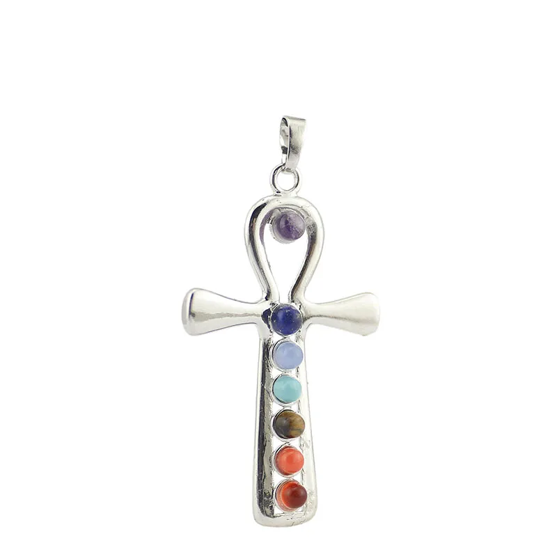 

Wholesale Metal Ankh Cross Chakra Necklace Seven Crystal Bead Chakra Cross Life Symbol Pendant