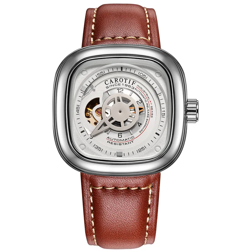 

Large dial brown leather watchband watches stylish man automatic mechanical watch, 14 colors