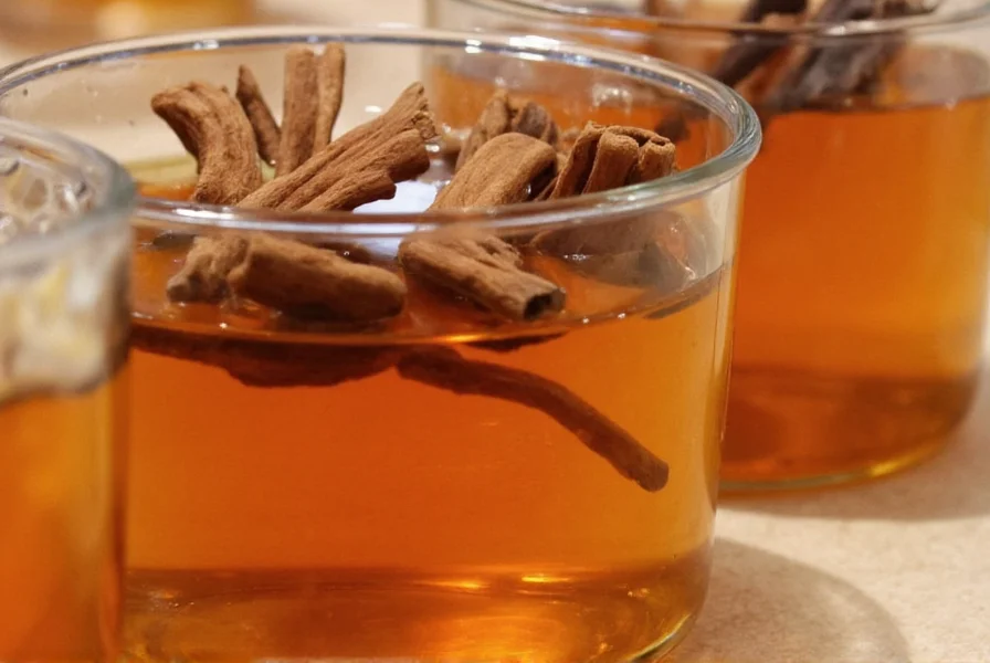 Close-up of Runamok maple syrup production showing glass containers with cinnamon sticks and vanilla beans steeping in amber-colored maple syrup