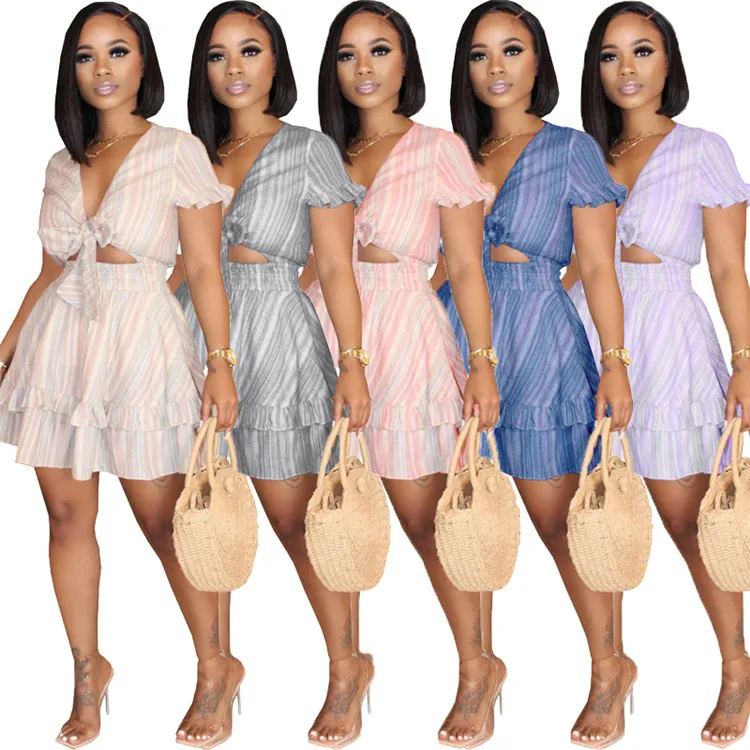 

Hot Selling Sashes Cutout Dress Striped Print Sexy Club Wear Summer Women Short Dresses