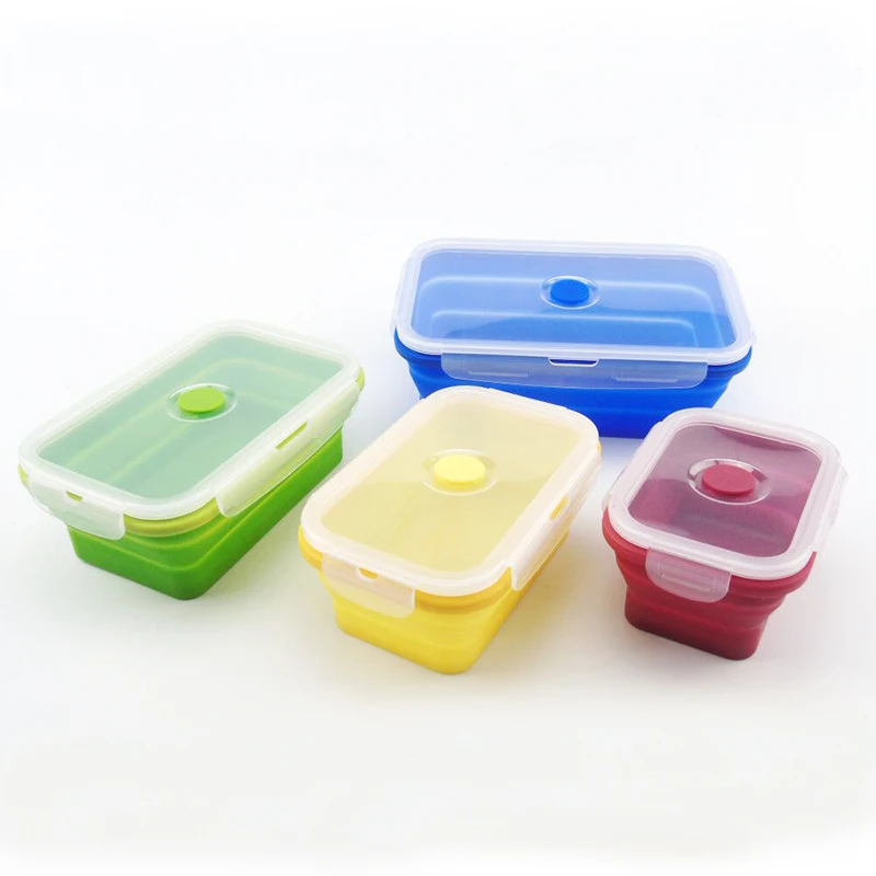 

Amazon Hot-selling BPA Free 3 Compartment Collapsible Food Container with Lid Foldable Reusable Silicon Food Container, Red/green/yellow/pink