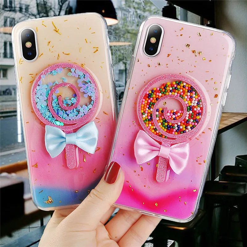 Bowknot Lollipop Glitter Soft Tpu Gradient Back Cover Case For Iphone