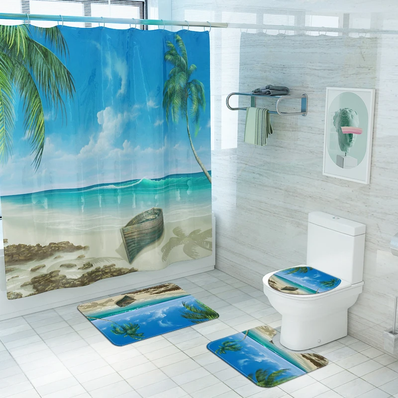 Sea Anti Slip Bathroom Rug 4 Piece Set Custom print Shower curtain