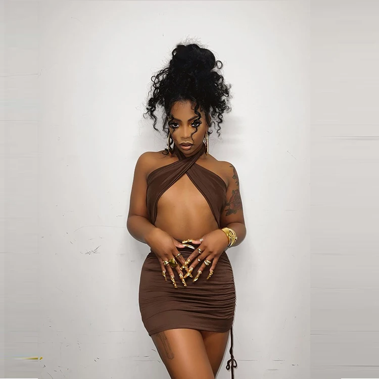 

XS Women Clothes 2021 wholesale Halter tie up skirt sexy Woman brown bodycon extra small wear Club backless bandage mini dresses