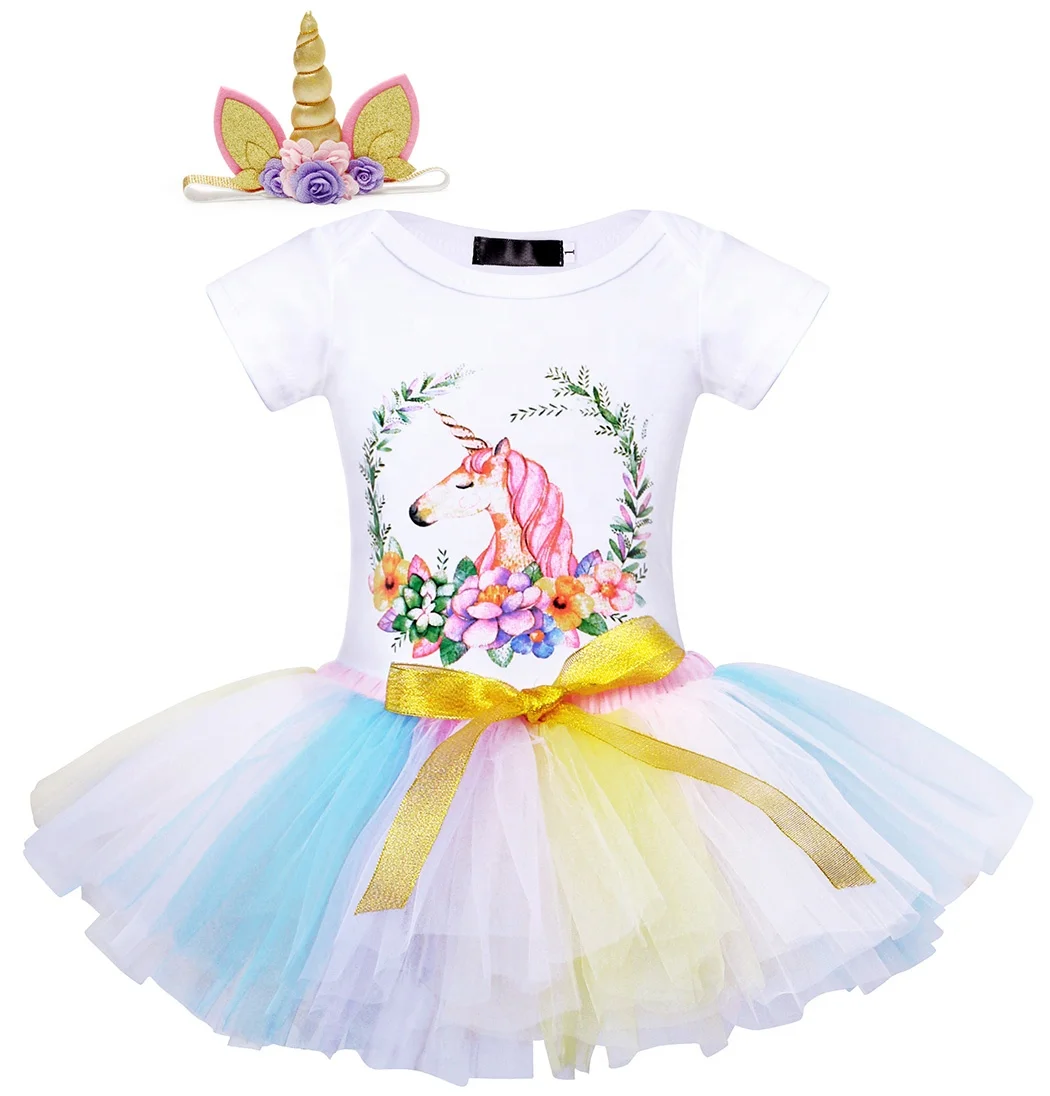 

Newborn Baby Girls Unicorn Cartoon Tutu Dress baby headbands 3Pcs 1st Birthday Dress baby girl Clothing set