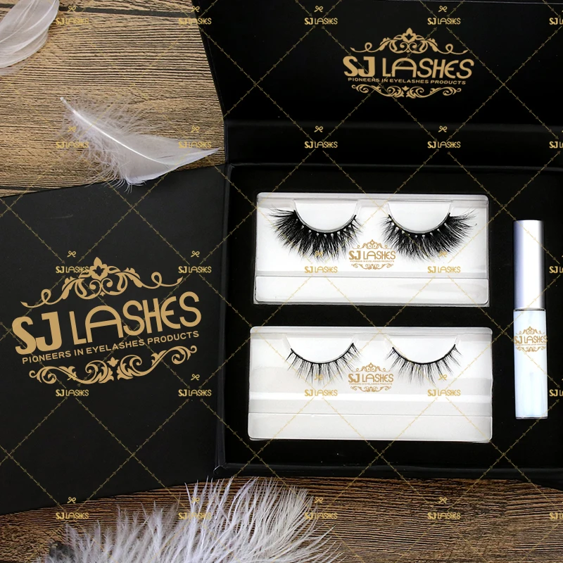 

Double-Layered Eyelashes Human Hair Magnetic Lashes Box With Ribbon Design Custom Eyelash Packaging Box Full Kit, Black