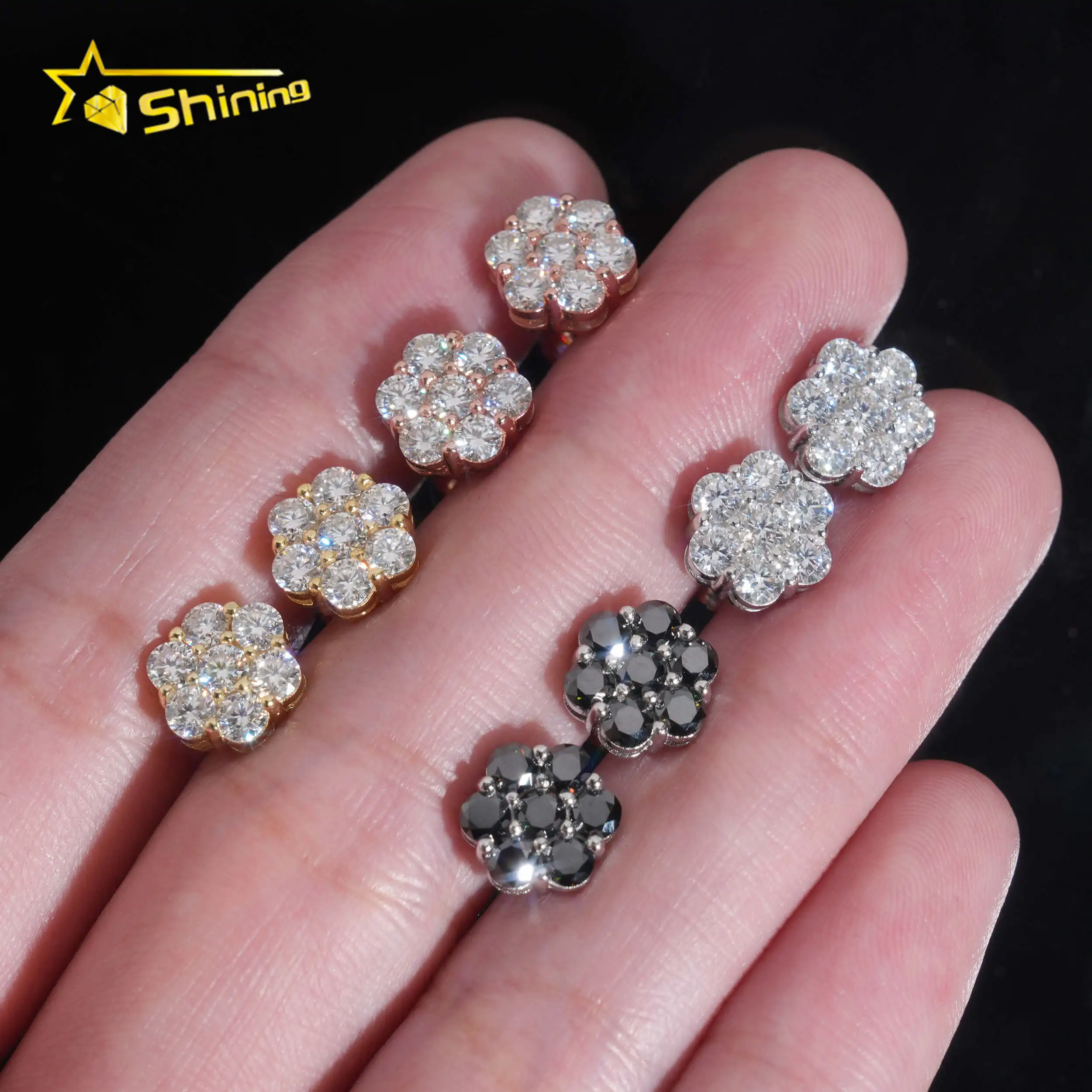 RTS Men Hip Hop Jewelry 925 Sterling Silver White Black 8mm Cluster Flower Moissanite Stud Earrings With GRA Certificate