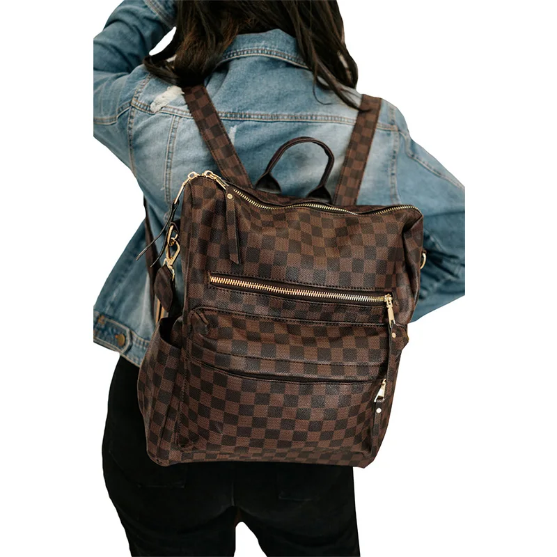 

Hot Sale New Arrivals Brown Plaid Pattern Convertible Backpack Bags For Women