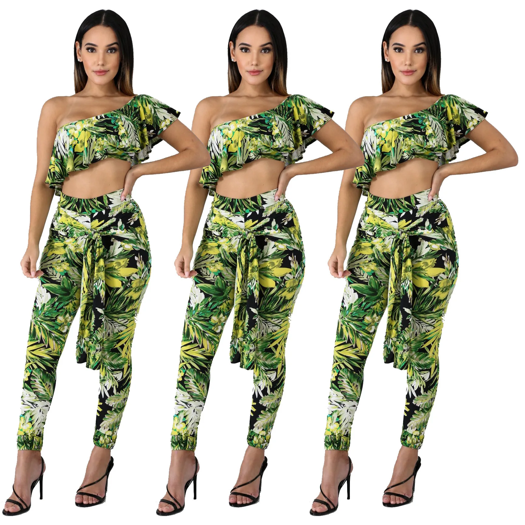 

RxD9105 Sexy green summer sleeveless two piece pants set women clothing one-shoulder floral print trendy