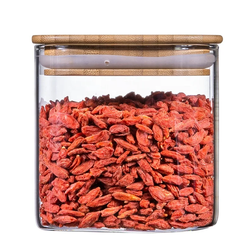 

Professional manufacture airtight square glass food container kitchen storage jar with bamboo wood lids, Transparent