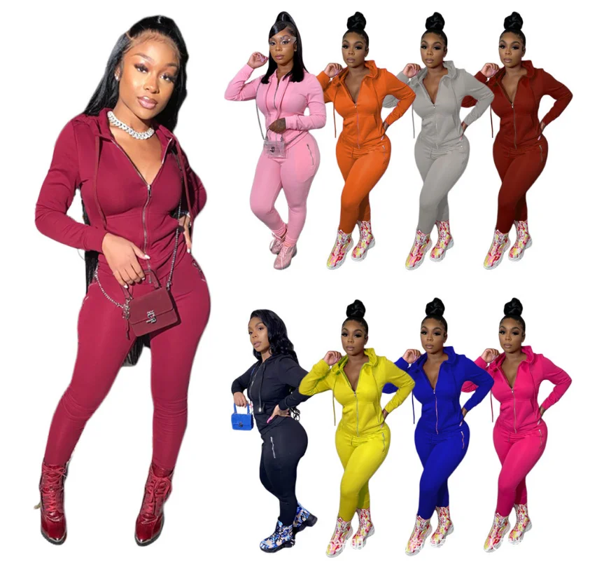 

2021 winter autumn Women stand collar zipper hoodie two piece yoga pants sports suit casual women plus size, Picture