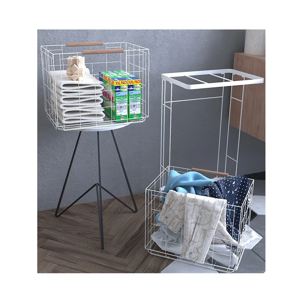 

2021 Amazons hot White Metal Double Layers Clothes Basket With Lockable Casters For Bathroom with storage holders&racks