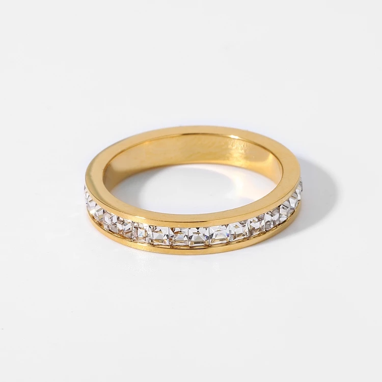 

Stainless Steel Tarnish Free 18K Gold Plated Square Zircon Diamond Skinny Band Ring