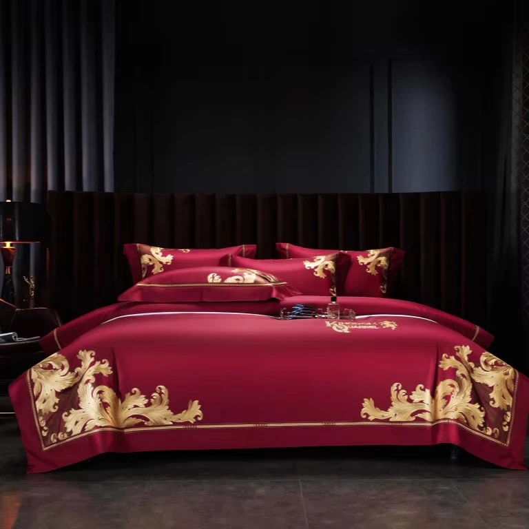 Luxury Satin 4pcs Home Textile Gold Embroidery Duvet Comforter Duvet Cover 500TC Long Staple Cotton Super Soft Red Bedding Set