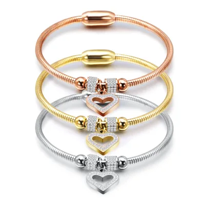 

2021 Hot Sale Real Gold Plated Crystal Heart Snake Chain Bangle Shiny CZ Heart Stainless Steel Bracelets